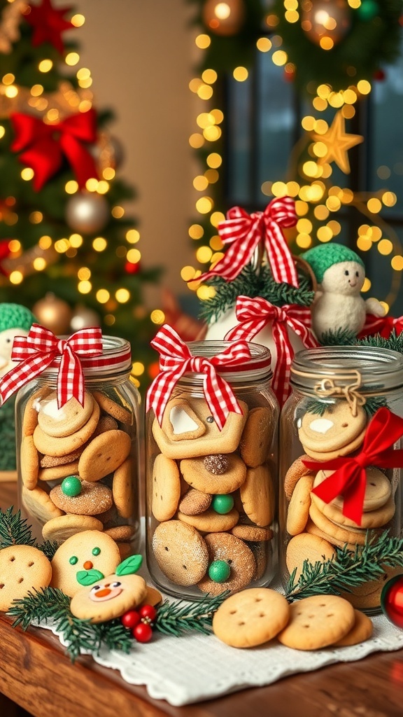 Homemade Christmas Baking Gifts A festive arrangement of homemade cookies in jars with ribbons, set against a holiday backdrop.